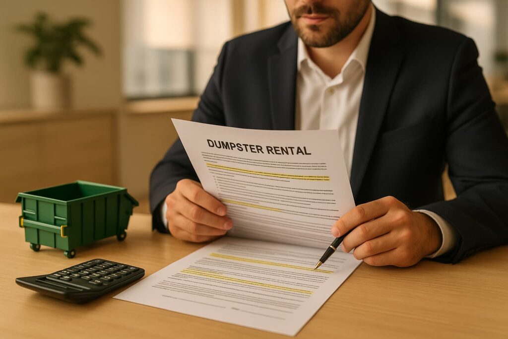 a person reviewing dumpster rental contracts at a clean desk. Show contract papers with highlighted sections, a calculator, and a pen, with a small dumpster model on the desk.