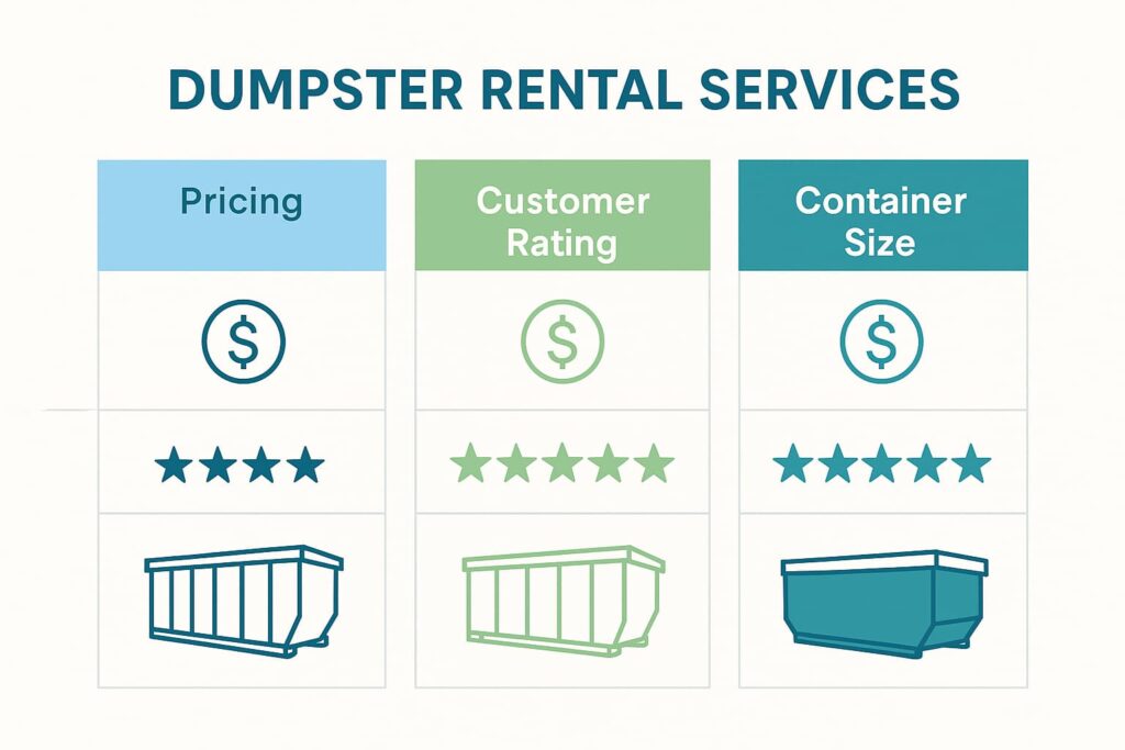 infographic showing three columns comparing dumpster rental services. Include visual elements like pricing symbols, star ratings, and container size illustrations to help decide what to consider between Tom's Tubs Tubby's Tubs vs Heartland Recycling Services vs Zap Dumpsters Peoria
