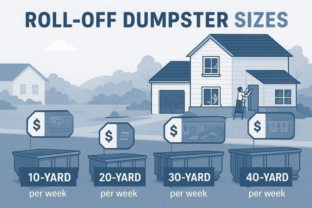 different sized roll-off dumpsters (10, 20, 30, 40 yard) in a clean landscape layout with price tags displaying weekly rental costs in front of a suburban background with a house renovation scene