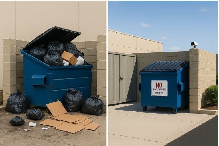 a comparison of two dumpsters. One is overflowing having been open and prone to third party dumping, the other sits neatly in an enclosed area with its lid firmly in place