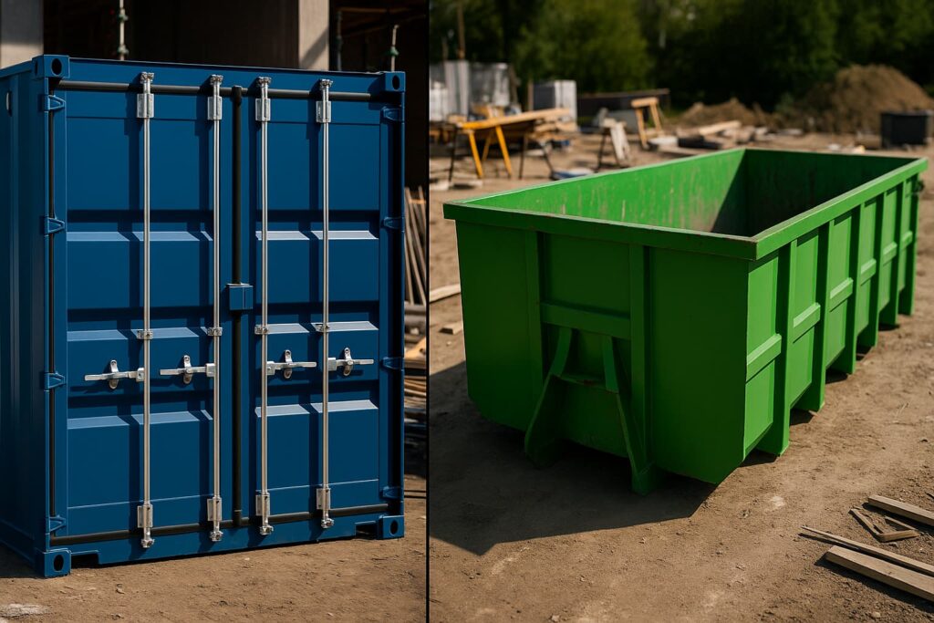 split-screen comparison showing a blue steel shipping container with secure doors on the left side and an open-top green roll-off dumpster on the right side, both positioned on a construction site with tools and materials visible