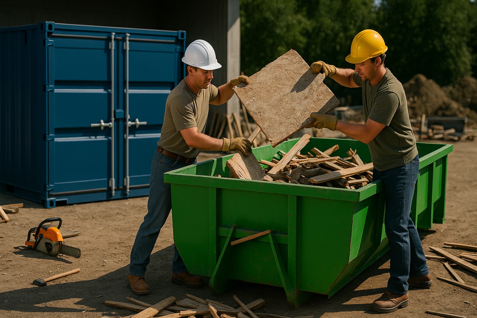 Construction site scene showing a secure steel storage container protecting tools and materials in the background while workers load construction debris into an open roll-off dumpster in the foreground. For the purpose of comparing steel storage containers vs roll off dumpsters rental