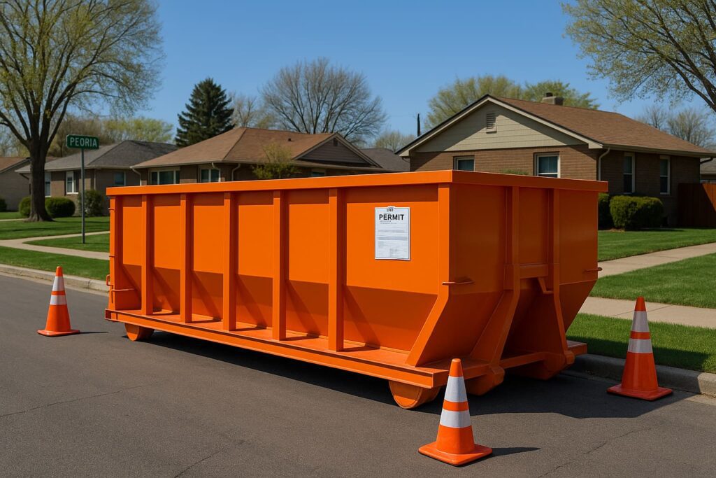 orange roll-off dumpster properly placed on a residential street with orange traffic cones around it, permit document visible on the side, suburban Peoria neighborhood setting to illustrate dumpster rental permits for street placement