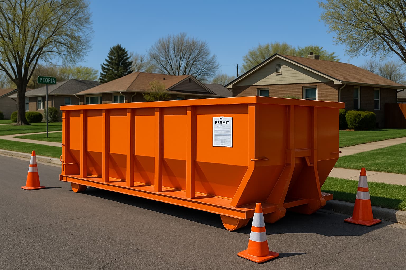 orange roll-off dumpster properly placed on a residential street with orange traffic cones around it, permit document visible on the side, suburban Peoria neighborhood setting to illustrate dumpster rental permits for street placement