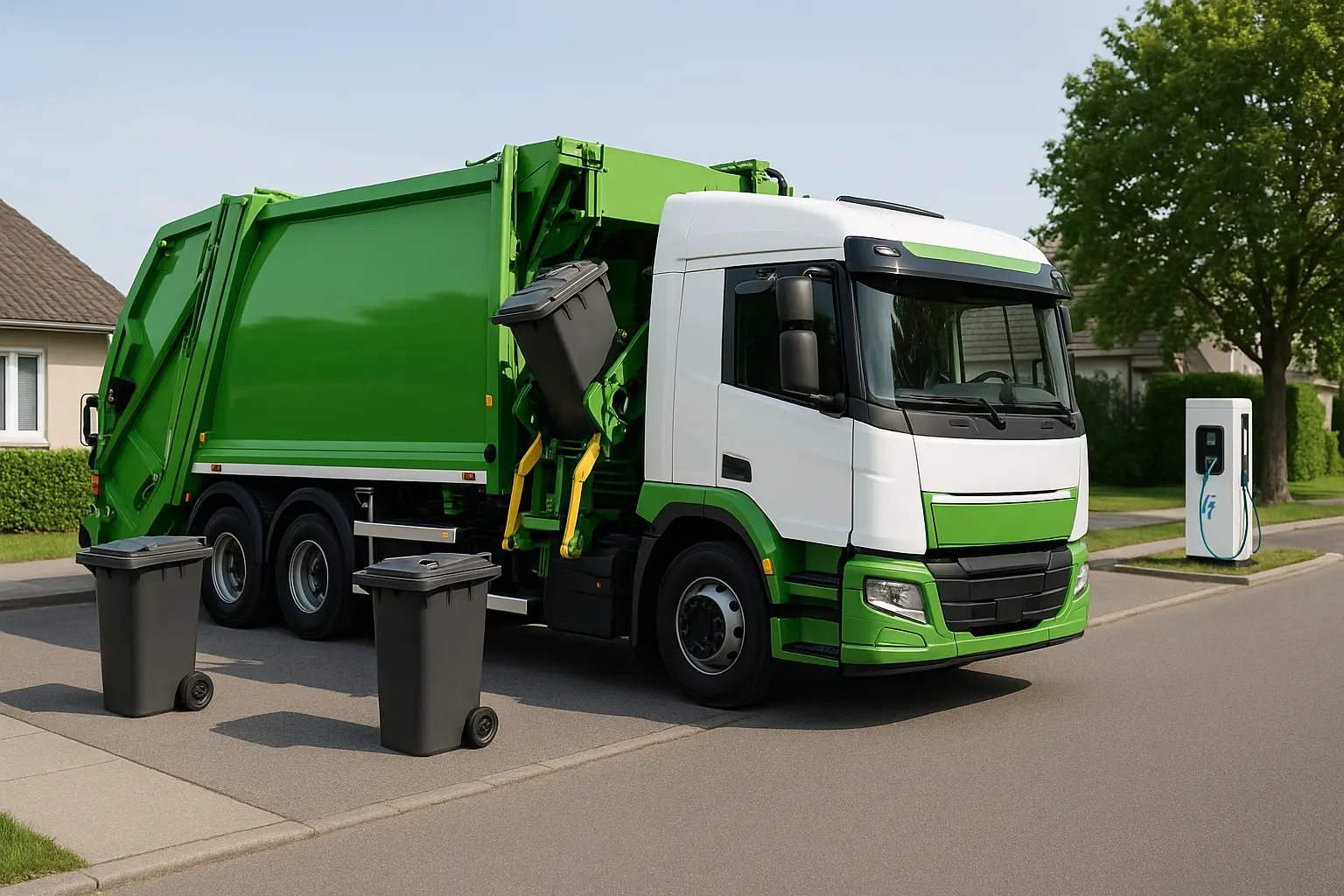 One of a fleet of sleek modern electric trucks for waste management collection in bright green and white colors collecting bins on a clean suburban street, with a charging station visible in the background