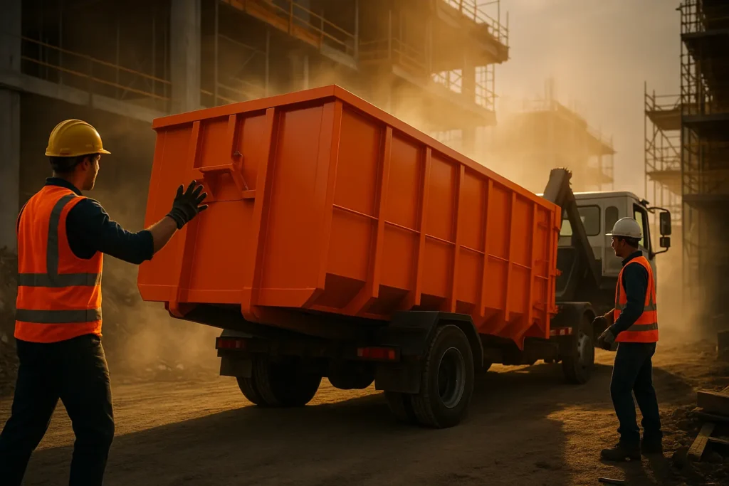 orange roll-off dumpster as part of an emergency dumpster delivery being delivered to a construction site during urgent cleanup, with construction workers in hard hats coordinating the placement