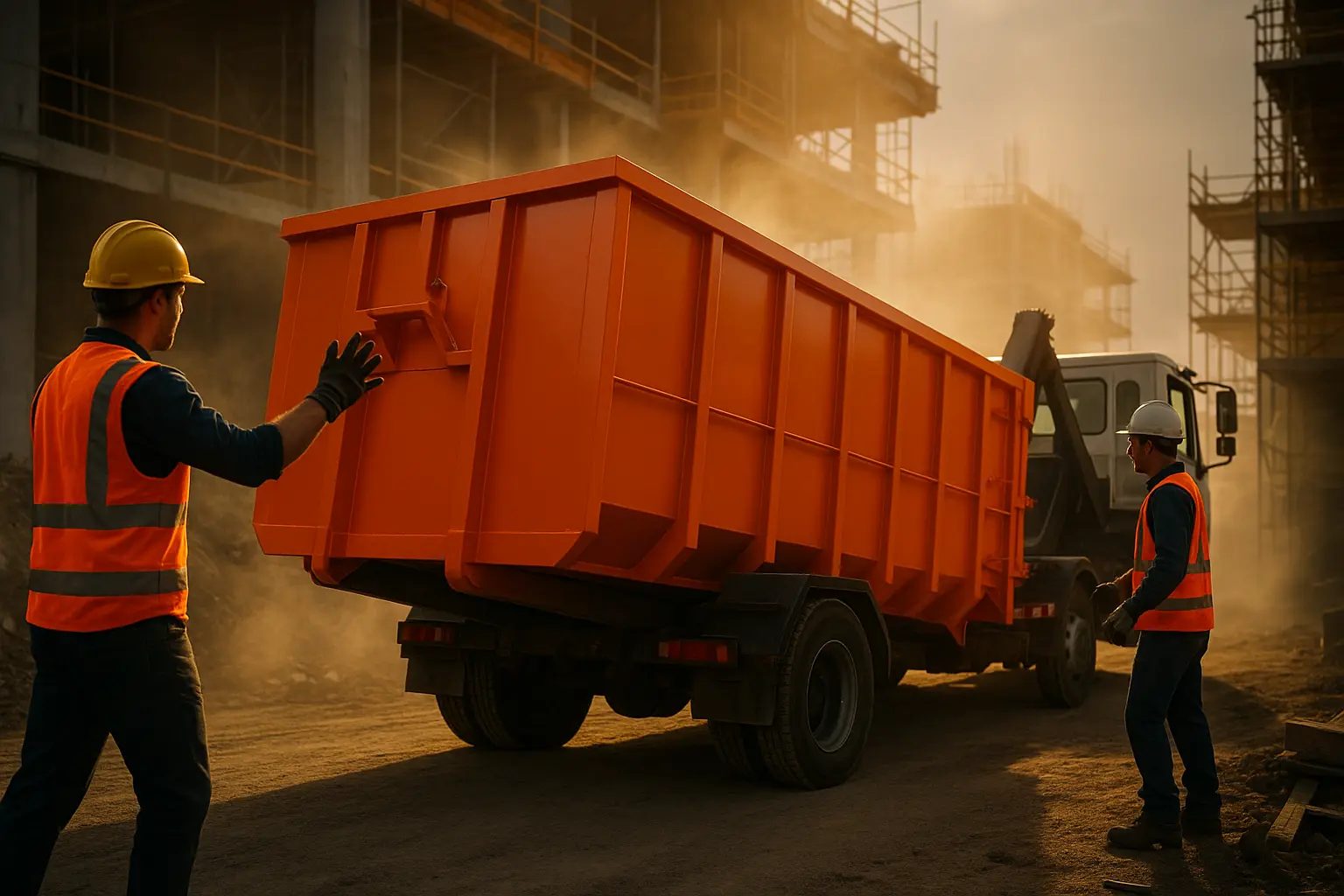 orange roll-off dumpster as part of an emergency dumpster delivery being delivered to a construction site during urgent cleanup, with construction workers in hard hats coordinating the placement