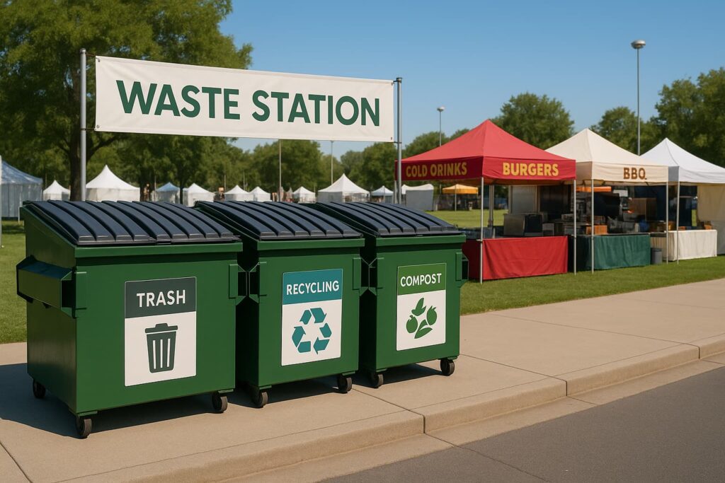 a well-organized outdoor festival waste management area, featuring clean commercial dumpsters for event dumpster pest control