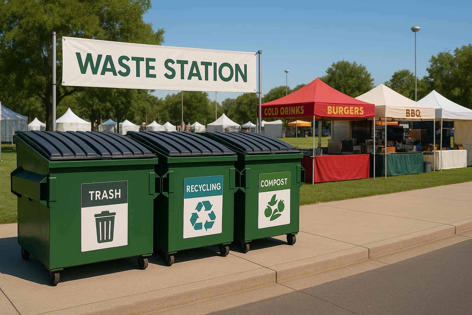 a well-organized outdoor festival waste management area, featuring clean commercial dumpsters for event dumpster pest control