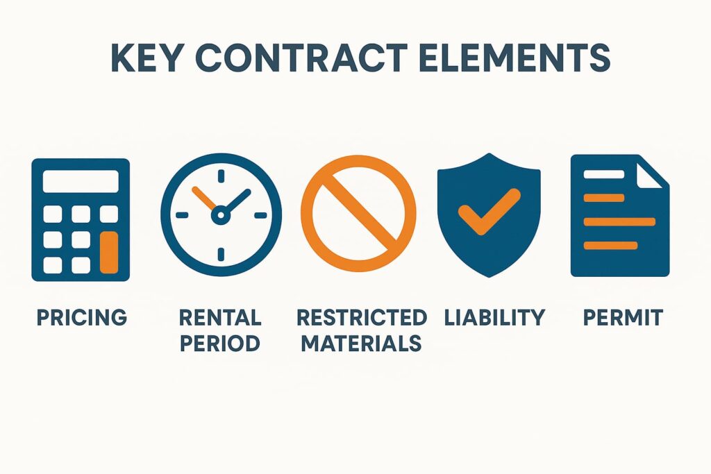 infographic showing key contract elements as icons: calculator (pricing), clock (rental period), prohibited sign (restricted materials), shield (liability), document (permit)