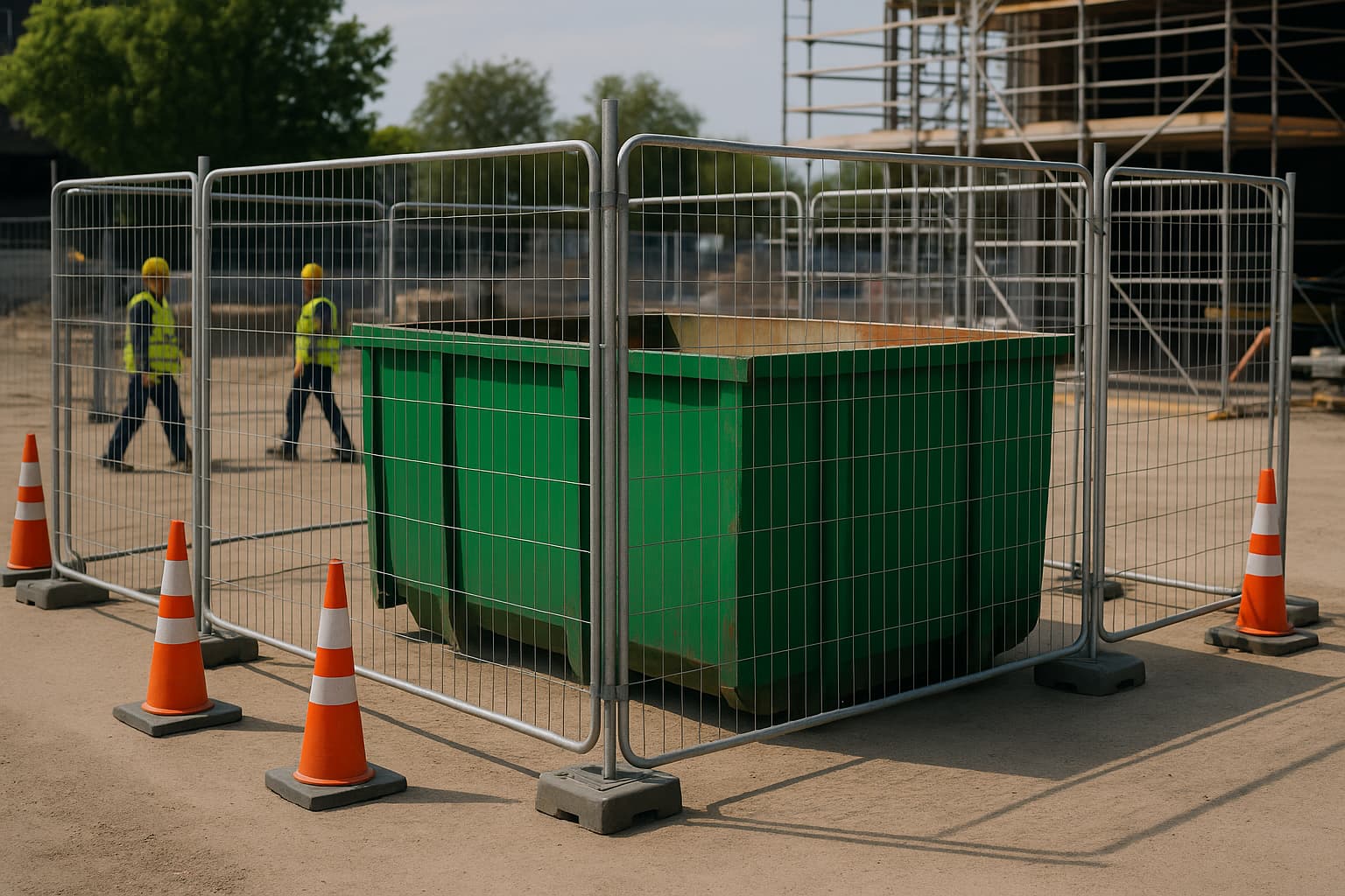 Temporary Fence Panels Around Dumpsters for a construction site, with cones to highlight associated hazards to people