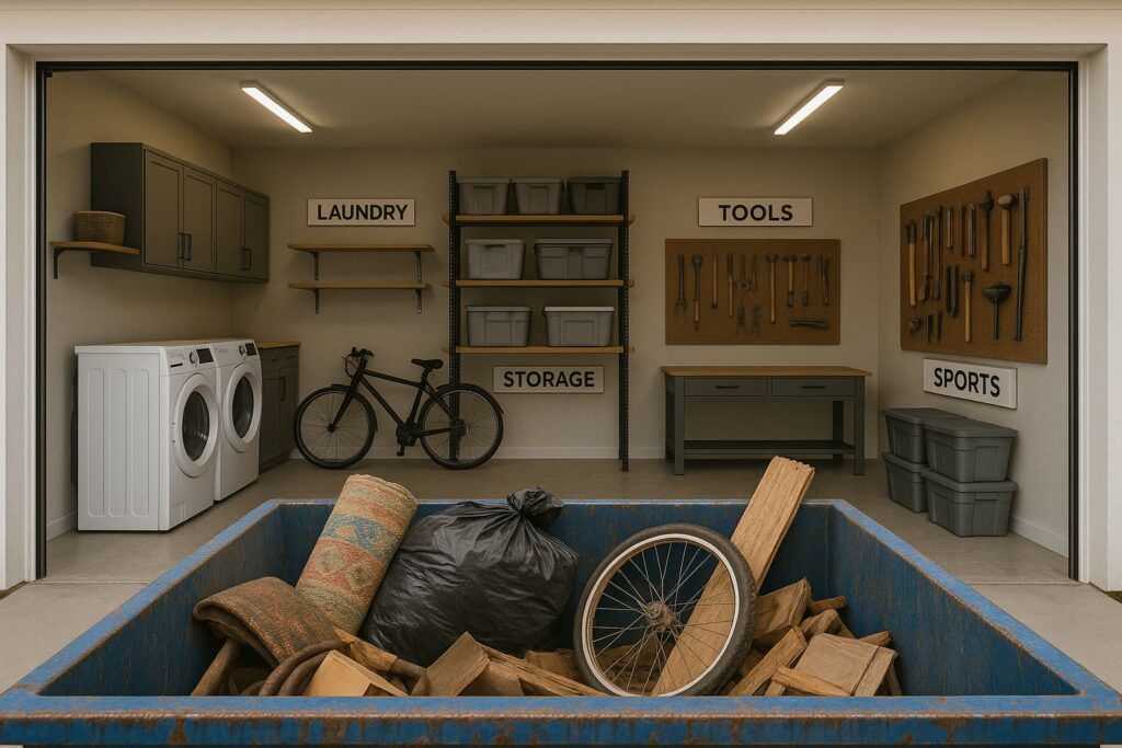 A view looking from the outside across the top of a blue dumpster filled with garage junk, looking into a zonally ordered residential garage to illustrate the value of investing in a garage cleanout dumpster rental