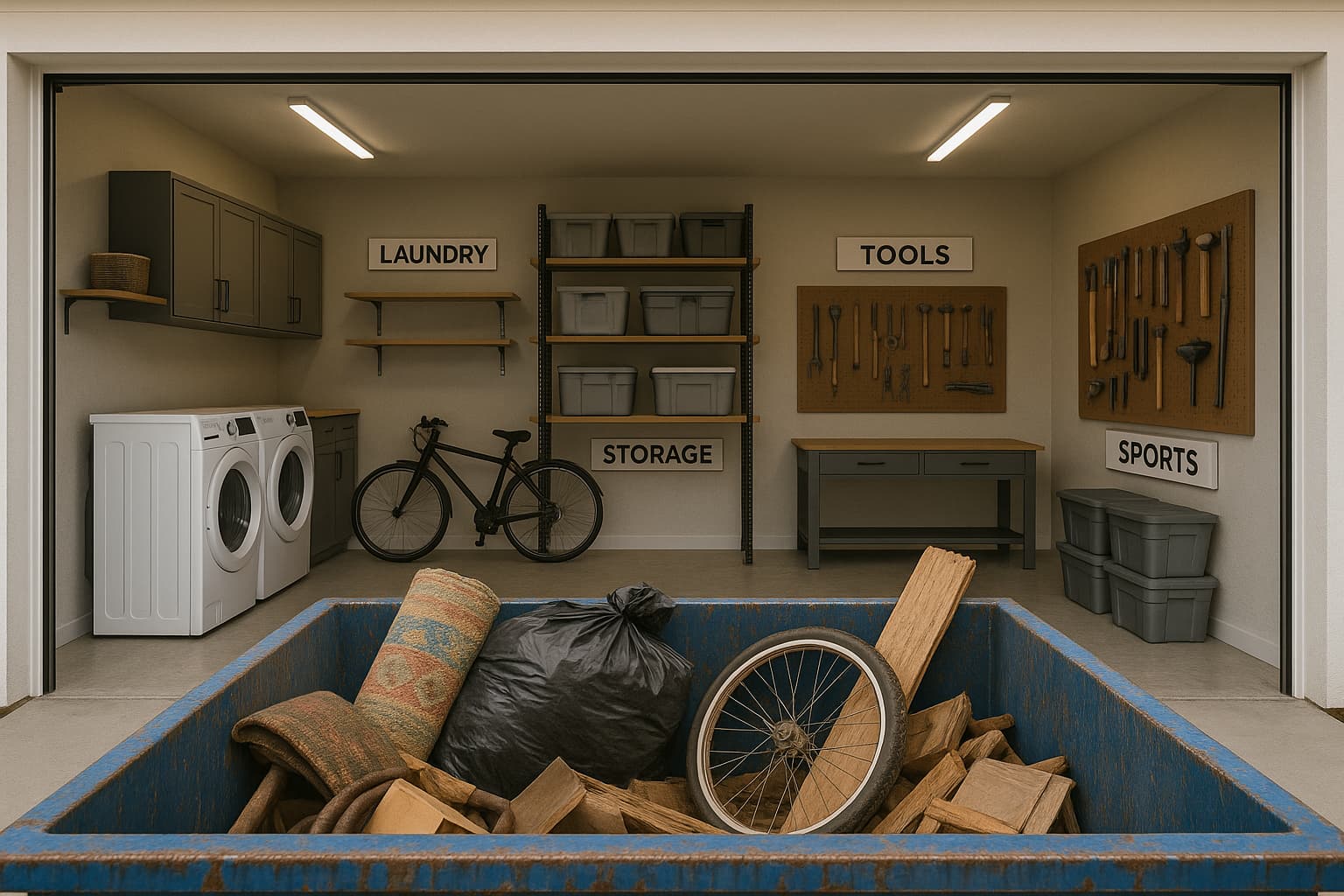 A view looking from the outside across the top of a blue dumpster filled with garage junk, looking into a zonally ordered residential garage to illustrate the value of investing in a garage cleanout dumpster rental