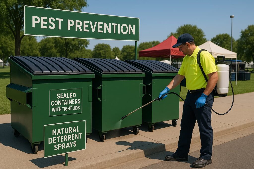 pest prevention measures around event dumpsters: sealed containers with tight lids, natural deterrent sprays, proper placement away from food areas, and maintenance staff demonstrating best practices