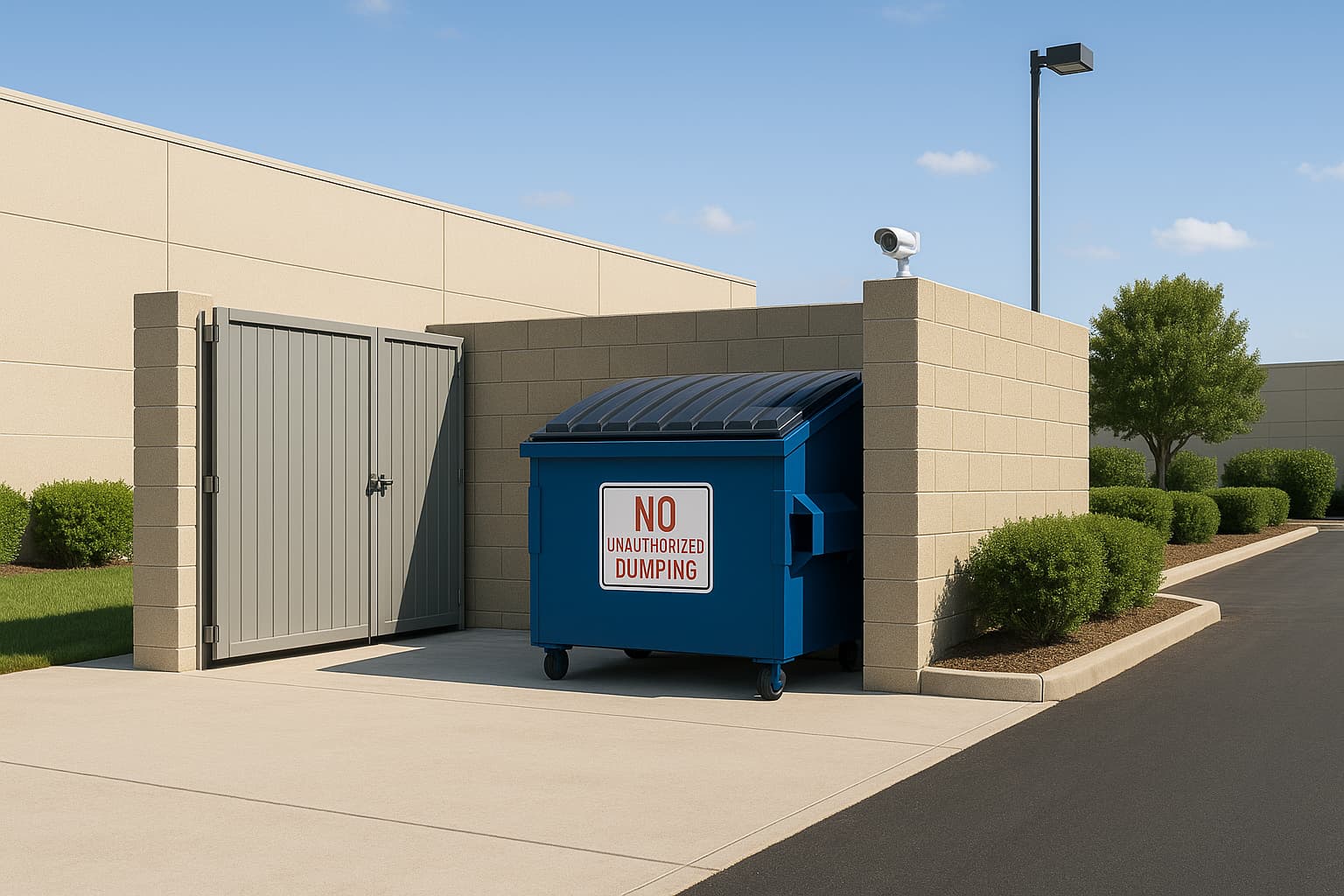 professional waste management area with enclosed dumpster, proper lighting, security measures, and clear legal signage, commercial property setting
