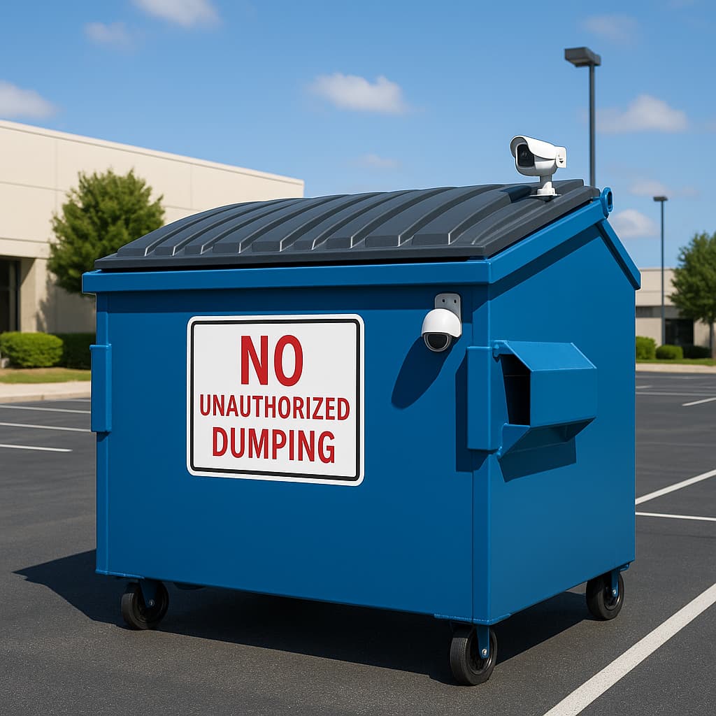 a small dumpster with a range of security measures in place like a lockable lid, security camera and clear signage, to help illustrate how dumpster rental clients can address the question "is dumping in someone else's dumpster illegal?"