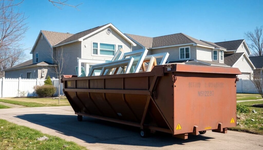 photograph of a clean roll-off dumpster with old window frames stacked inside it positioned in a residential driveway away from the street and not obstructing the sidewalk, in a typical Midwestern neighborhood, with a house undergoing renovation visible in the background showing new siding to illustrate the ease of finding a home renovation dumpster rental near me