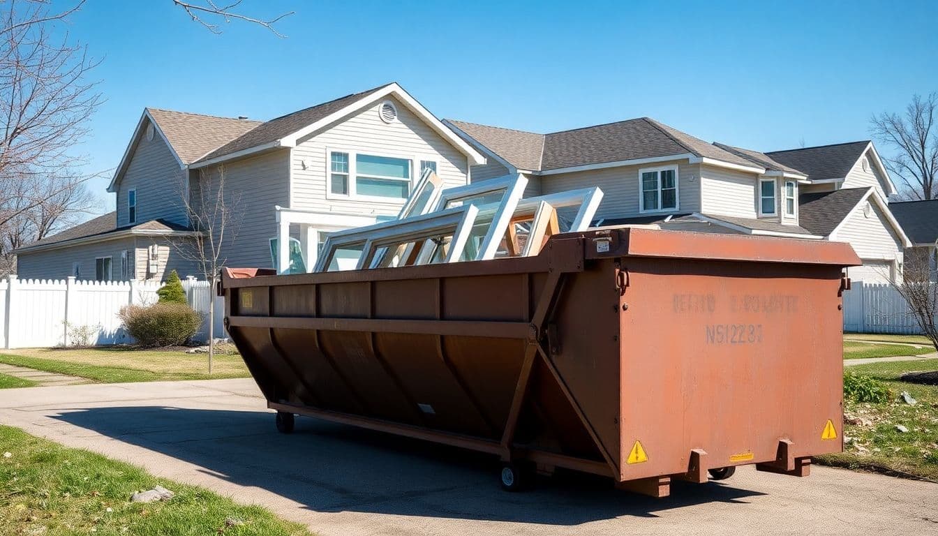 photograph of a clean roll-off dumpster with old window frames stacked inside it positioned in a residential driveway away from the street and not obstructing the sidewalk, in a typical Midwestern neighborhood, with a house undergoing renovation visible in the background showing new siding to illustrate the ease of finding a home renovation dumpster rental near me