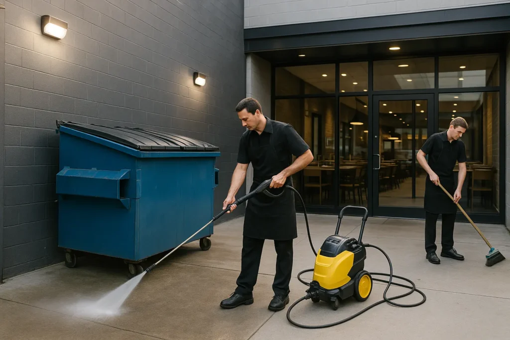 Professional restaurant staff cleaning around a commercial dumpster in an alley, pressure washing the area with commercial equipment, tight-fitting dumpster lids closed, clean pavement, in order to reduce problems from restaurant dumpster pests