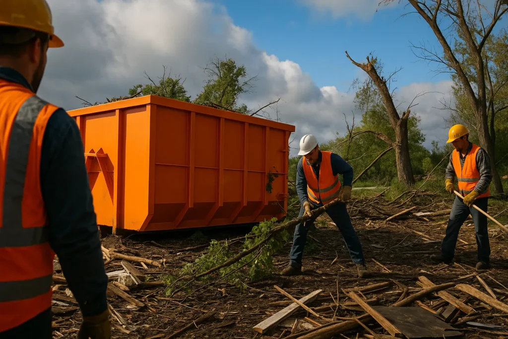emergency cleanup after storm damage, with a large dumpster prominently placed as workers clear debris, blue skies emerging after storm