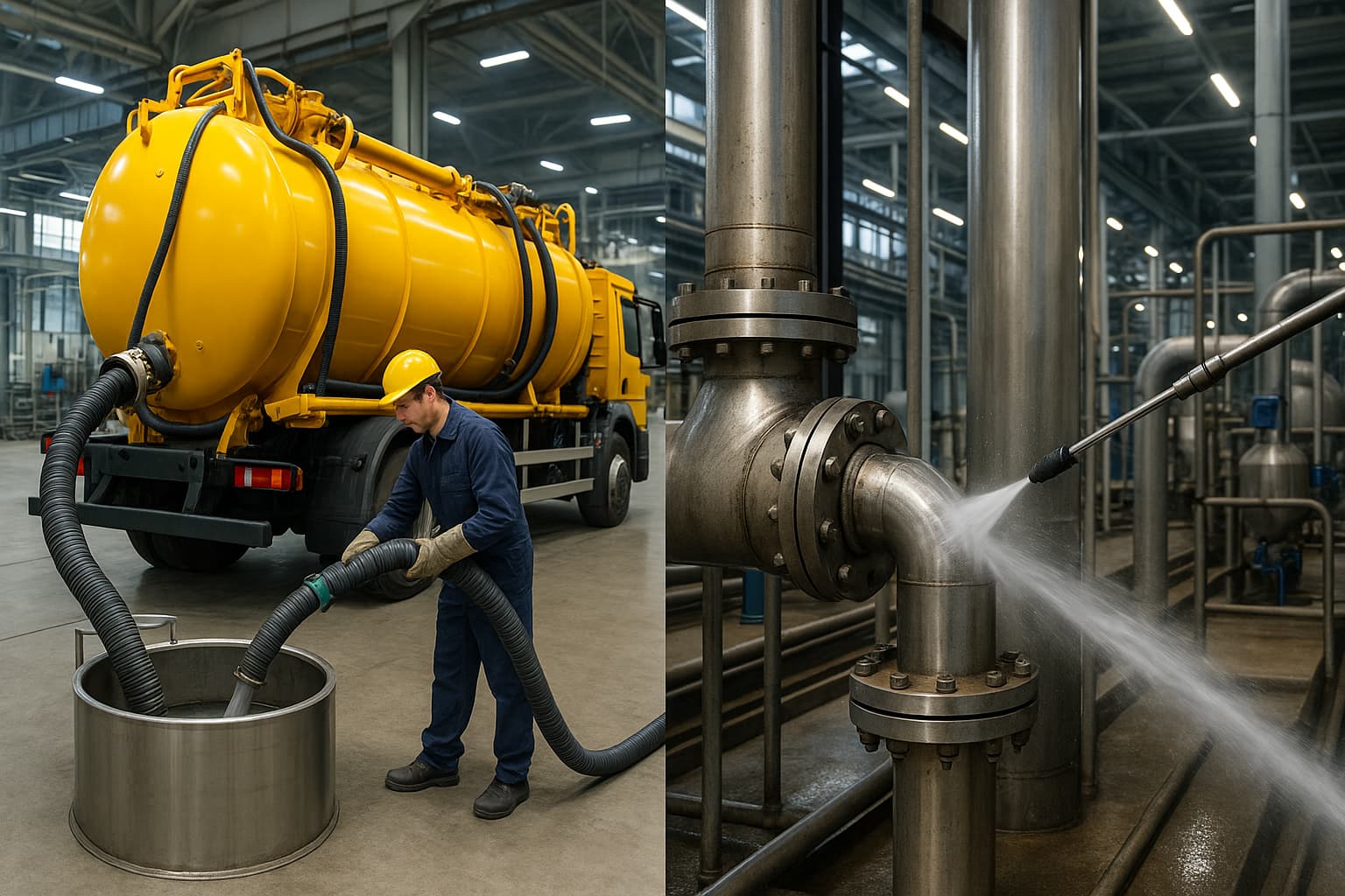 left side showing a large yellow vacuum truck with operator removing liquid waste from an industrial tank, right side showing hydro cleaning equipment with high-pressure water jets cleaning industrial piping, modern manufacturing facility background