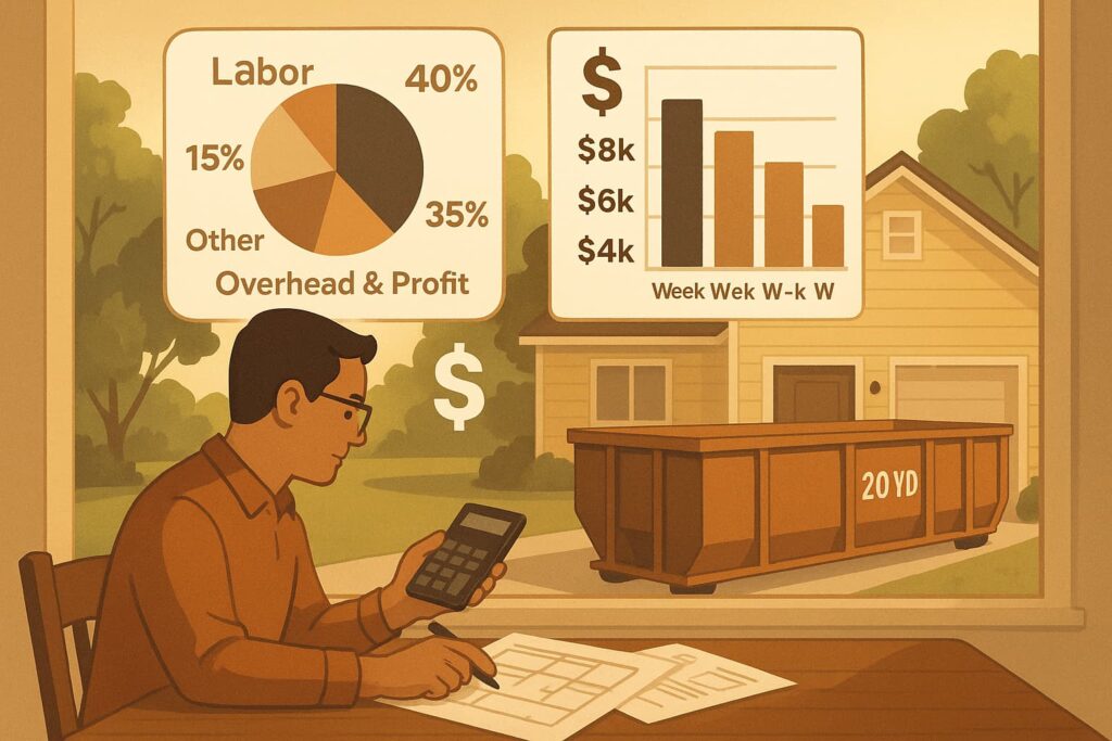 a homeowner with a calculator and papers planning a renovation project, with a 20-yard roll-off dumpster in the driveway. Cost breakdown charts float above the scene with dollar signs and week indicators to help understand the weekly roll-off dumpster rental cost