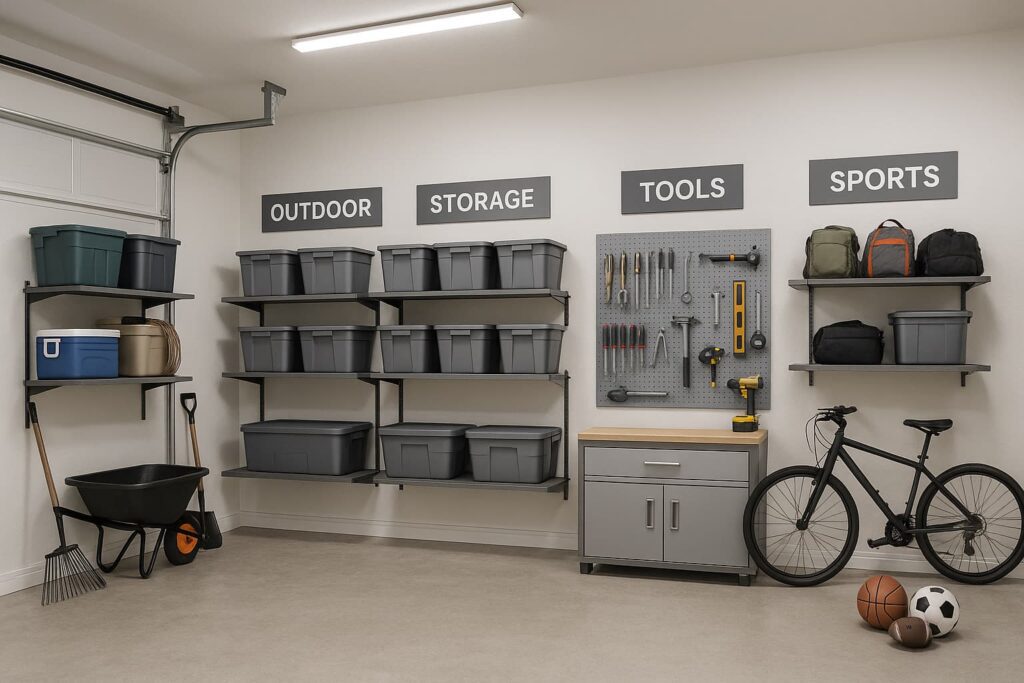 Well-organized residential garage with labeled storage zones, wall-mounted shelving, pegboard tool organization, clean concrete floor