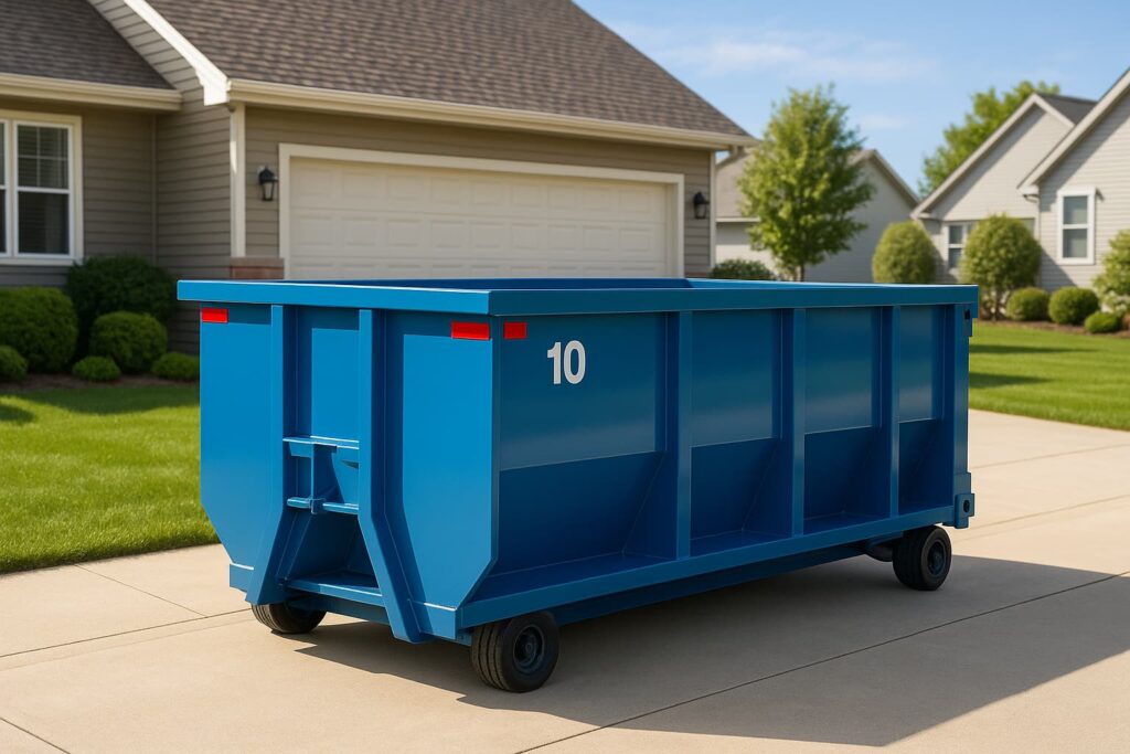 a clean, well-maintained blue 10-yard roll-off dumpster positioned on a residential driveway in a typical Midwestern neighborhood illustrating that a cheap roll off dumpster in Peoria can be from a good quality firm