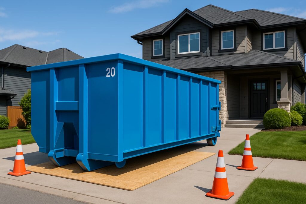 Dumpster rental tips for first time homeowners showing proper driveway placement with protective plywood