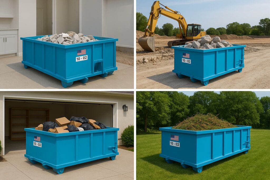 4 uses for a 10 cubic yard dumpster - image shows a blue 10-yard roll-off dumpster in different settings for each of bathroom renovation debris, concrete removal project, garage cleanout, and yard waste cleanup