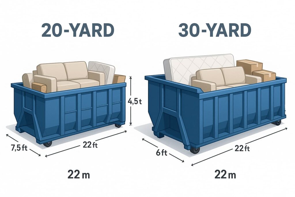 two roll-off dumpsters side by side in landscape orientation, a smaller 20-yard dumpster on left and larger 30-yard dumpster on right, both filled with household furniture items like sofas, mattresses, and boxes to help see the best dumpster size for a large cleanout