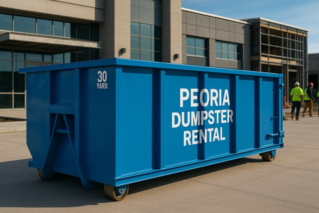 blue 30-yard roll-off dumpster positioned on a clean commercial construction site in Peoria, Illinois to illustrate there is a commercial dumpster rental near me