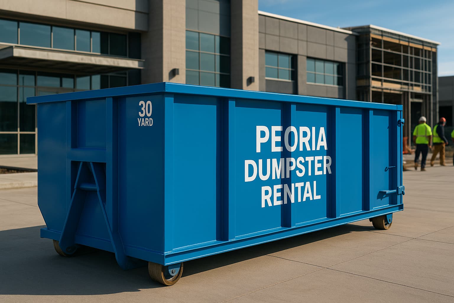 blue 30-yard roll-off dumpster positioned on a clean commercial construction site in Peoria, Illinois to illustrate there is a commercial dumpster rental near me