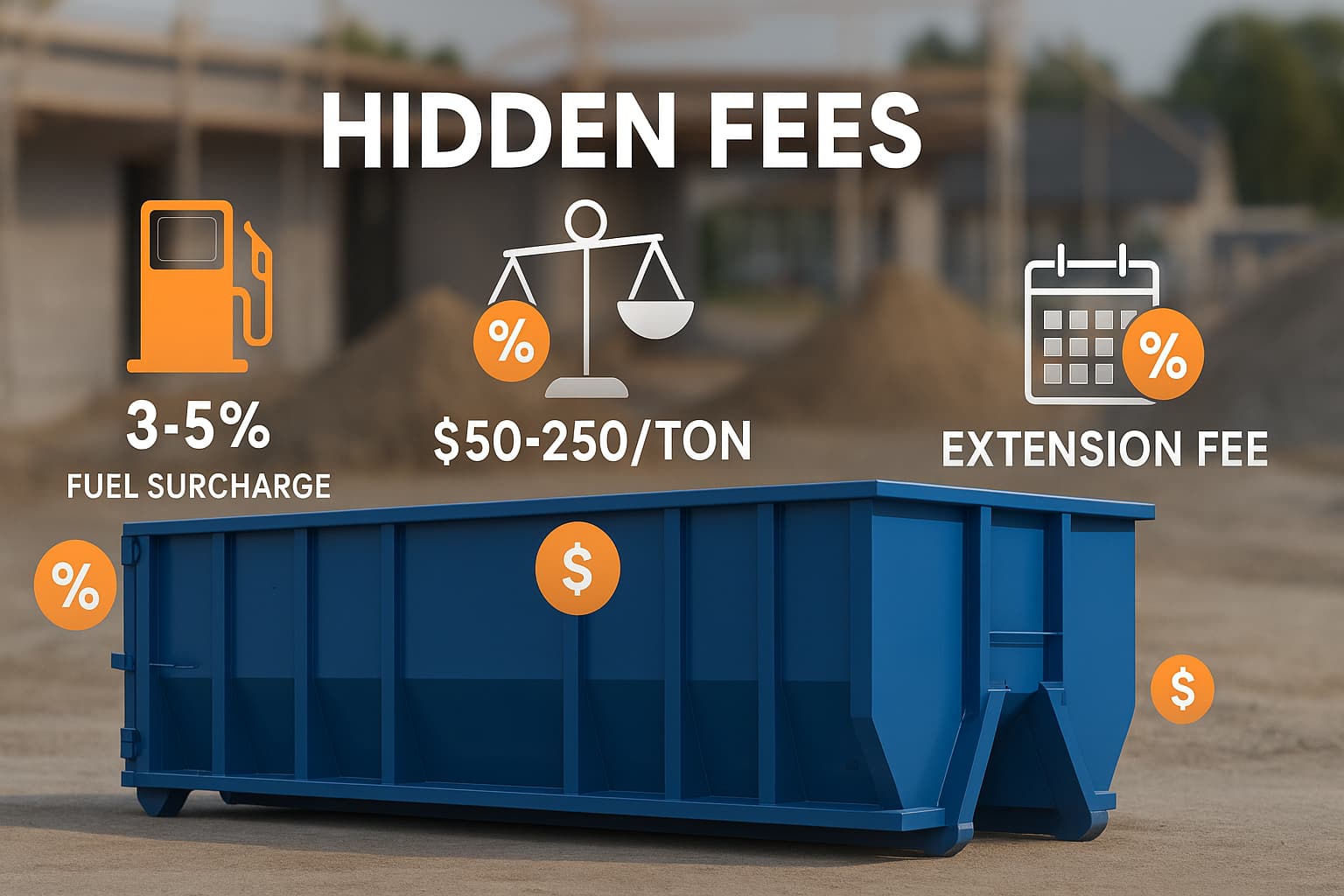 a representation of dumpster rental hidden fees showing a blue commercial roll-off dumpster in the foreground with transparent overlay graphics displaying common hidden fees as floating percentage symbols and dollar amounts. Include visual elements like a fuel pump icon with "3-5%" label, a weight scale showing "$50-250/ton", and a calendar with extension fee symbols
