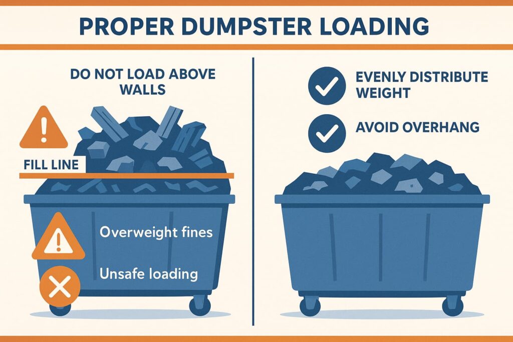Comparison of overweight versus properly loaded dumpster weight limits to avoid overage charges
