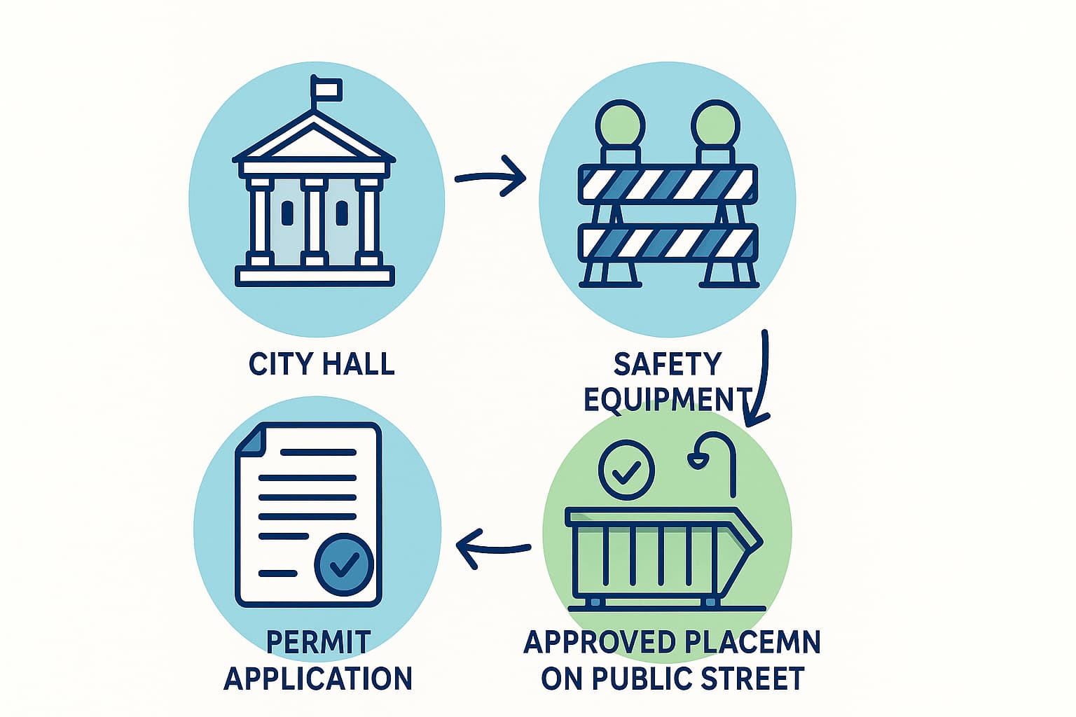 a process cycle showing the dumpster permit application process. Include icons for permit application, city hall building, safety equipment (barricades, lights), and approved placement on public street to help educate about dumpster placement rules