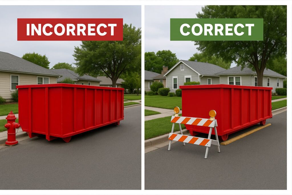 a split-screen comparison image showing incorrect vs correct dumpster placement. Left side shows violations: too close to fire hydrant, blocking traffic, no safety equipment. Right side shows proper placement: adequate clearances, protective boards, safety barricades