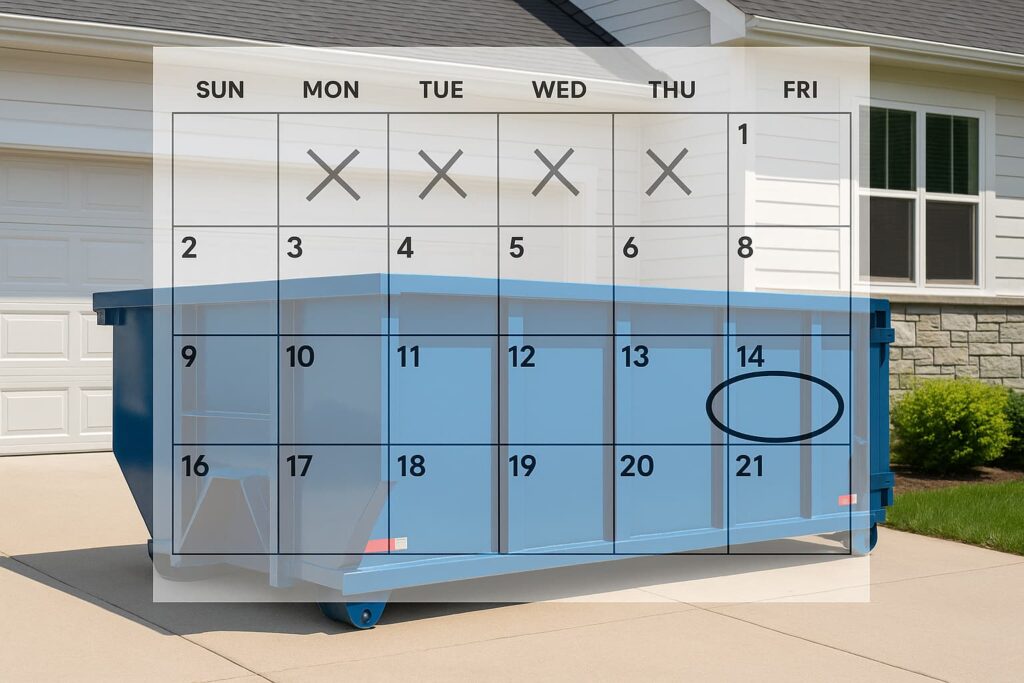 a blue roll-off dumpster in a residential driveway with a large calendar graphic overlay showing days marked off, suggesting dumpster rental duration planning