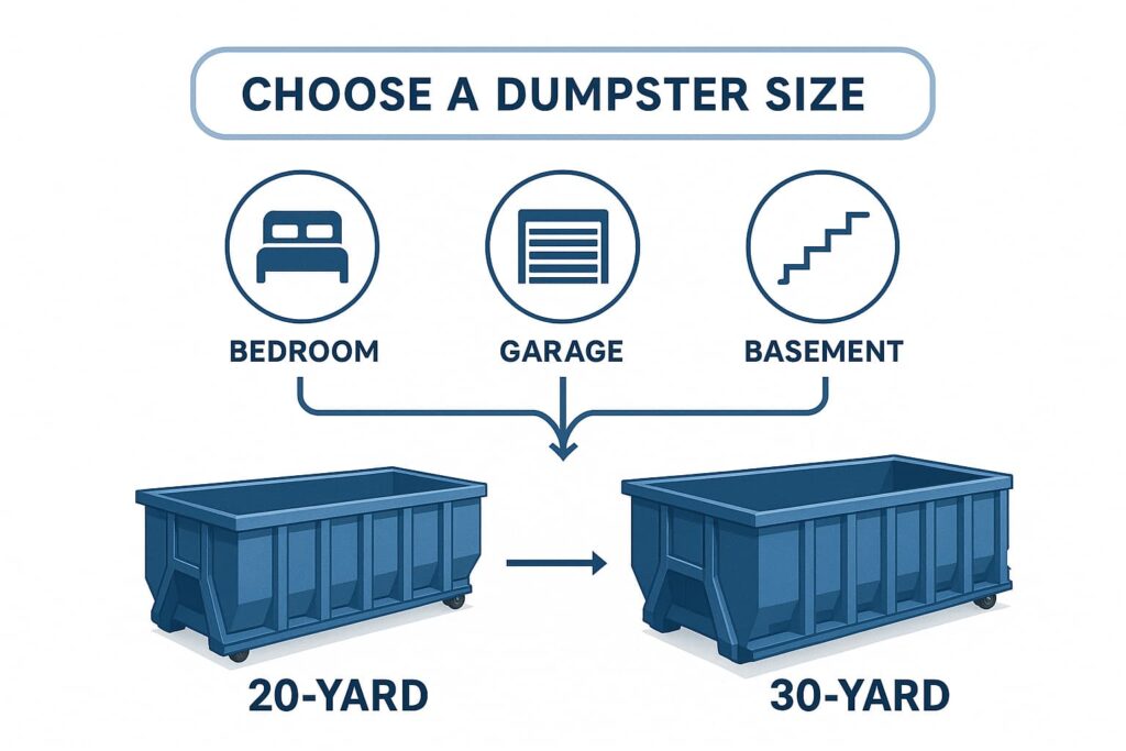 a decision flowchart for choosing dumpster sizes, icons representing different room types (bedroom, garage, basement), arrows leading to 20-yard or 30-yard dumpster