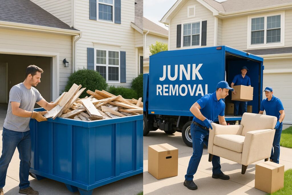 Dumpster rental vs junk removal comparison showing DIY loading and professional service options