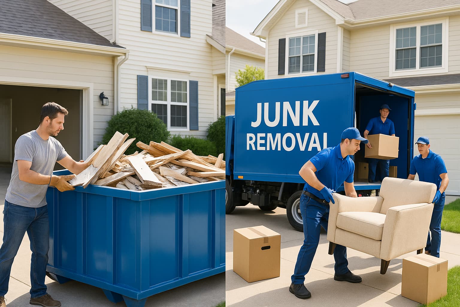 Dumpster rental vs junk removal comparison showing DIY loading and professional service options