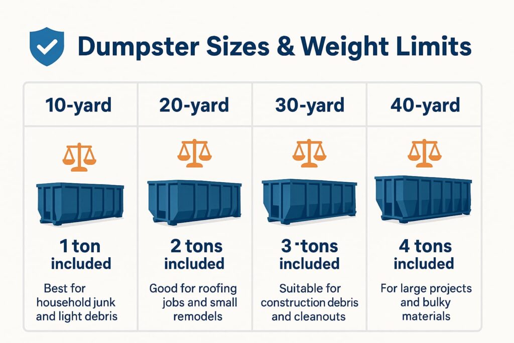 chart showing tonnage allowances in dumpster weight limits and overage fees for different container sizes