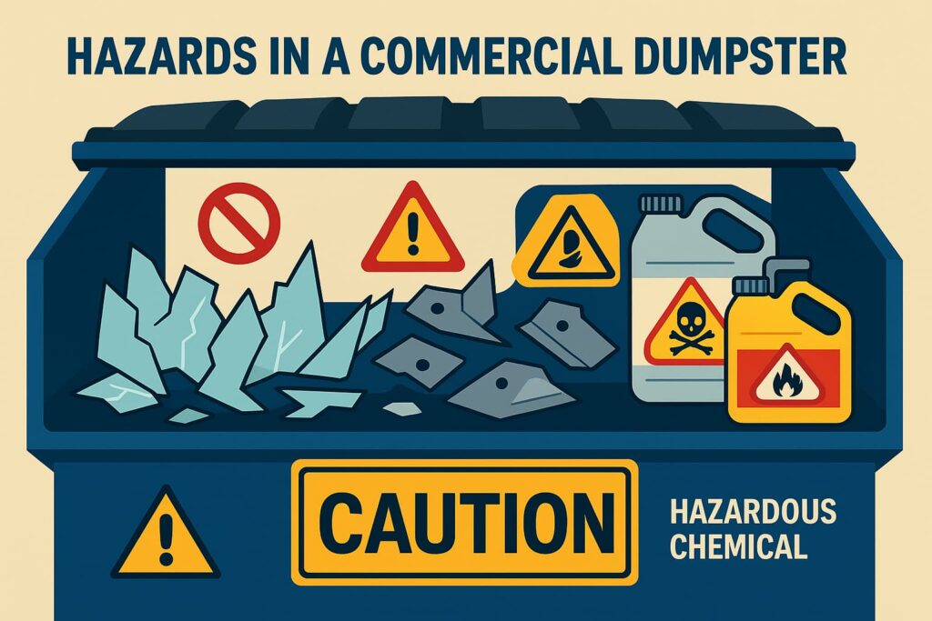 infographic illustration showing a cutaway view of a commercial dumpster interior revealing various hazards: broken glass, sharp metal objects, hazardous chemical containers, and warning symbols