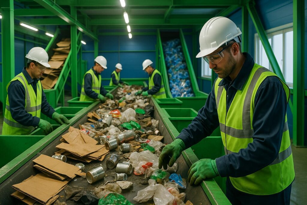 Recycling center sorting dumpster waste materials for sustainability