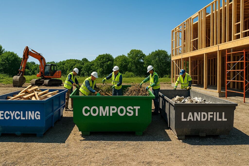Wide-angle shot of an organized construction site with multiple labeled dumpsters for different materials (recycling, compost, landfill), workers properly sorting debris, green landscape background, clear blue sky, professional waste management setup to illustrate Eco-Friendly Dumpster Rentals