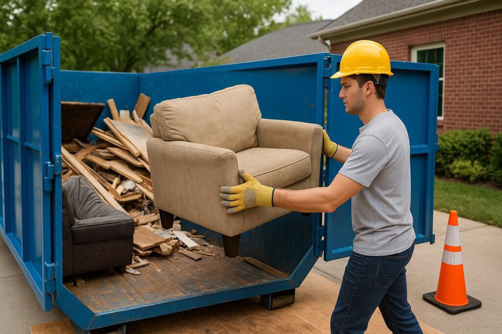 Proper dumpster loading technique with heavy items placed first for safety and efficiency