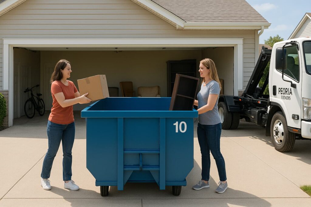 a compact 10-yard roll-off dumpster being used for a garage cleanout project, homeowner loading boxes and furniture, clean residential driveway, Peoria Illinois suburban home in background