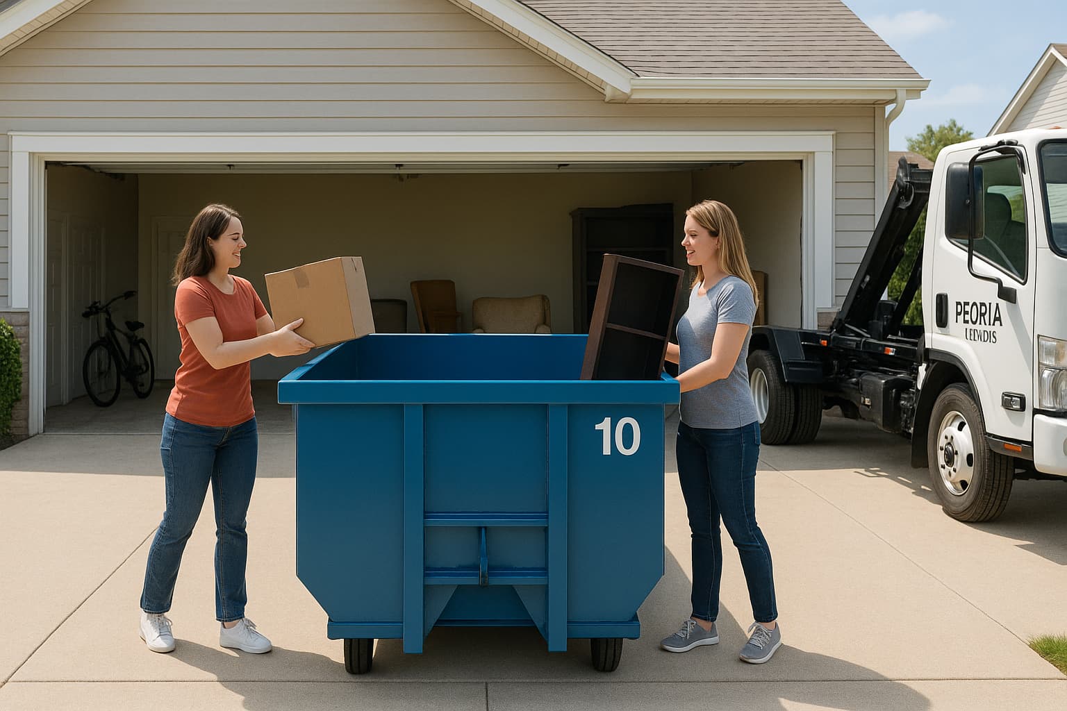 a compact 10-yard roll-off dumpster being used for a garage cleanout project, homeowner loading boxes and furniture, clean residential driveway, Peoria Illinois suburban home in background