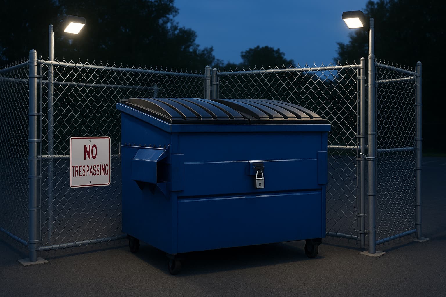 a large blue commercial dumpster with a heavy-duty lock on the lid, surrounded by a chain-link fence enclosure with a locked gate, motion-activated security lights mounted on poles, and a 'No Trespassing' warning sign clearly visible in the foreground to help warn the public against the hazards of dumpster diving. Parking lot setting