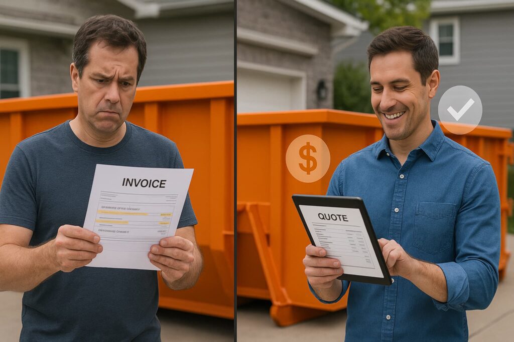 Left side: a frustrated homeowner looking at an invoice with highlighted unexpected charges, standing next to an orange dumpster, concerned expression, residential driveway setting. Right side: a satisfied customer smiling while reviewing a clear itemized quote on a tablet, same dumpster but with checkmarks and transparent pricing symbols floating around it.
